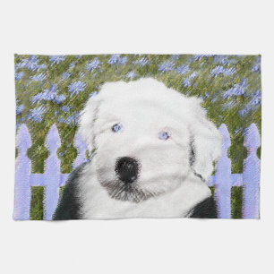 Gamla engelska Sheepdog Puppy Painting - Hund Art Kökshandduk