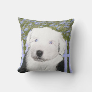Gamla engelska Sheepdog Puppy Painting - Hund Art Kudde