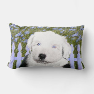 Gamla engelska Sheepdog Puppy Painting - Hund Art Lumbarkudde