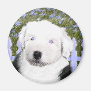 Gamla engelska Sheepdog Puppy Painting - Hund Art Magnet