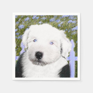 Gamla engelska Sheepdog Puppy Painting - Hund Art Pappersservett
