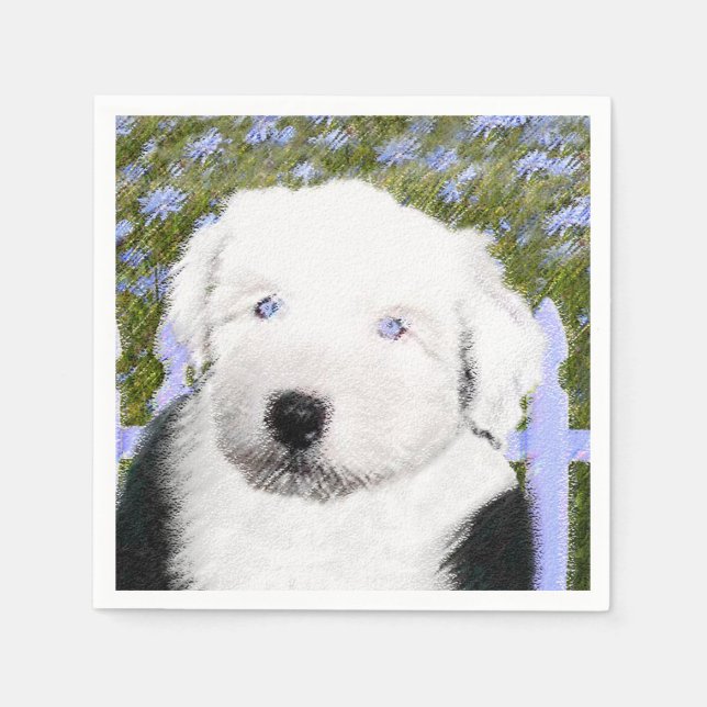 Gamla engelska Sheepdog Puppy Painting - Hund Art Pappersservett (Framsidan)