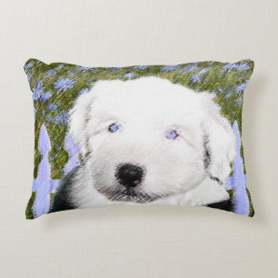 Gamla engelska Sheepdog Puppy Painting - Hund Art Prydnadskudde