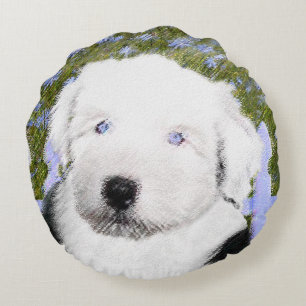 Gamla engelska Sheepdog Puppy Painting - Hund Art Rund Kudde