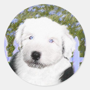 Gamla engelska Sheepdog Puppy Painting - Hund Art Runt Klistermärke