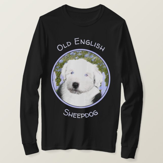 Gamla engelska Sheepdog Puppy Painting - Hund Art T Shirt (Design framsida)
