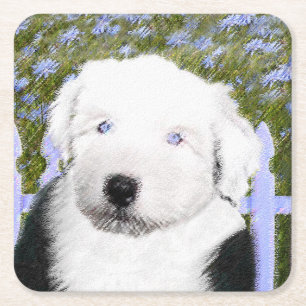 Gamla engelska Sheepdog Puppy Painting - Hund Art Underlägg Papper Kvadrat