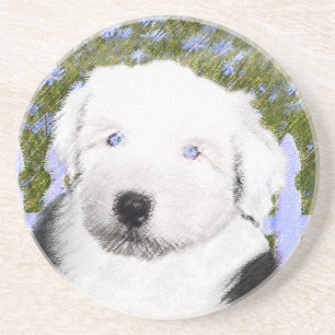 Gamla engelska Sheepdog Puppy Painting - Hund Art Underlägg Sandsten