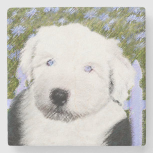 Gamla engelska Sheepdog Puppy Painting - Hund Art Underlägg Sten