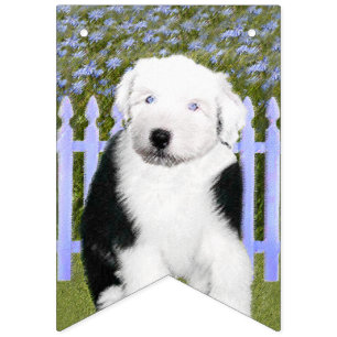 Gamla engelska Sheepdog Puppy Painting - Hund Art Vimplar