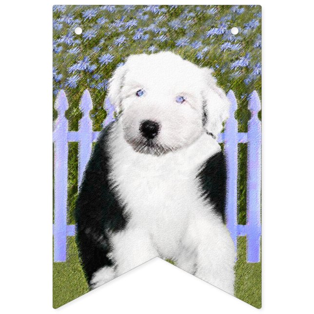 Gamla engelska Sheepdog Puppy Painting - Hund Art Vimplar (Första flaggan)