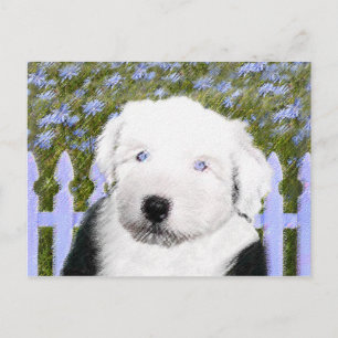 Gamla engelska Sheepdog Puppy Painting - Hund Art Vykort