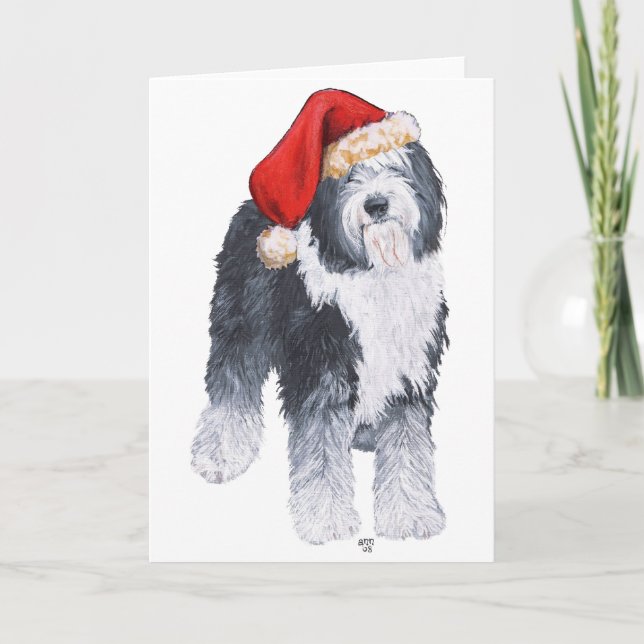 Gamla engelska Sheepdog Santa Hat Helgkort (Framsida)