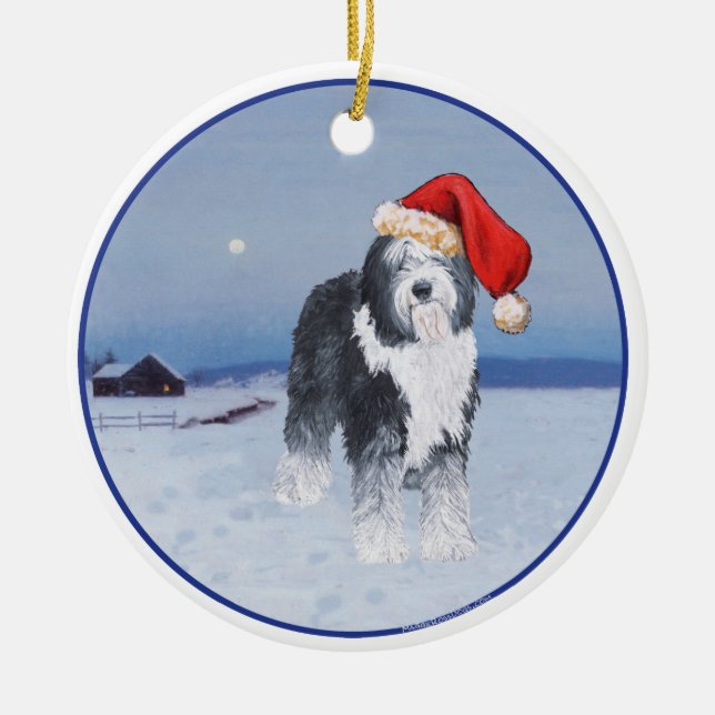 Gamla engelska Sheepdog Santa Hat Julgransprydnad Keramik (Framsidan)