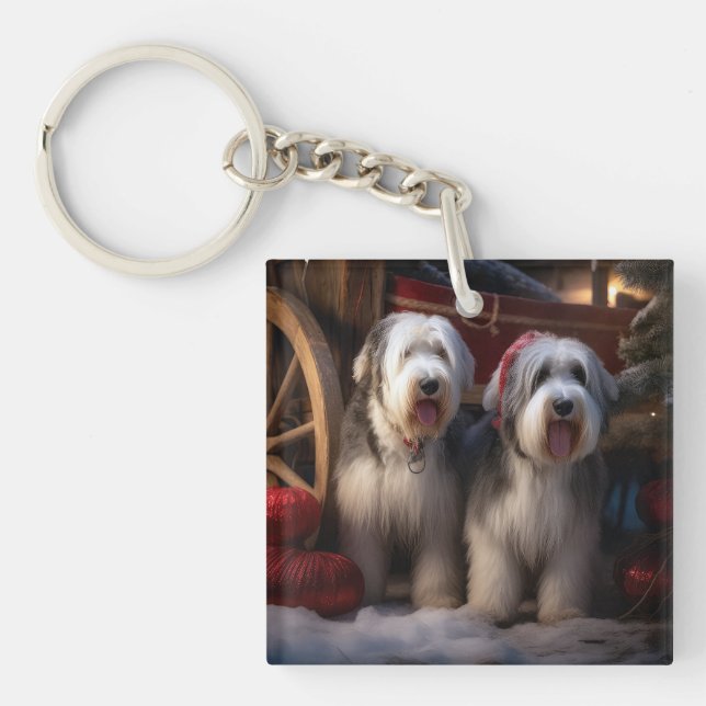 Gamla engelska Sheepdog Snowy Sleigh-juldekretet (Framsidan)