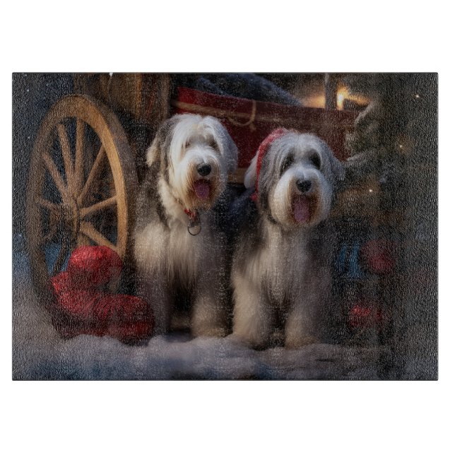 Gamla engelska Sheepdog Snowy Sleigh-juldekretet (Framsidan)