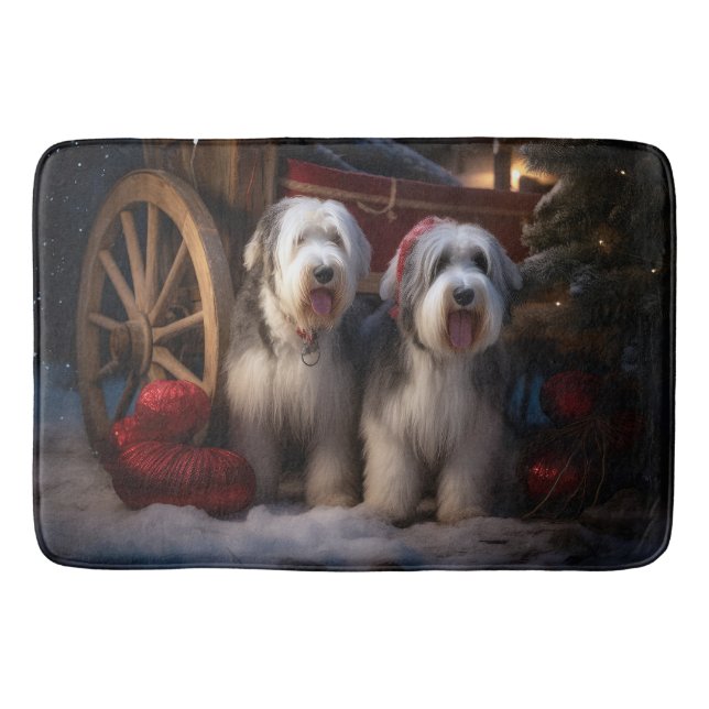 Gamla engelska Sheepdog Snowy Sleigh-juldekretet Badrumsmatta (Framsidan)
