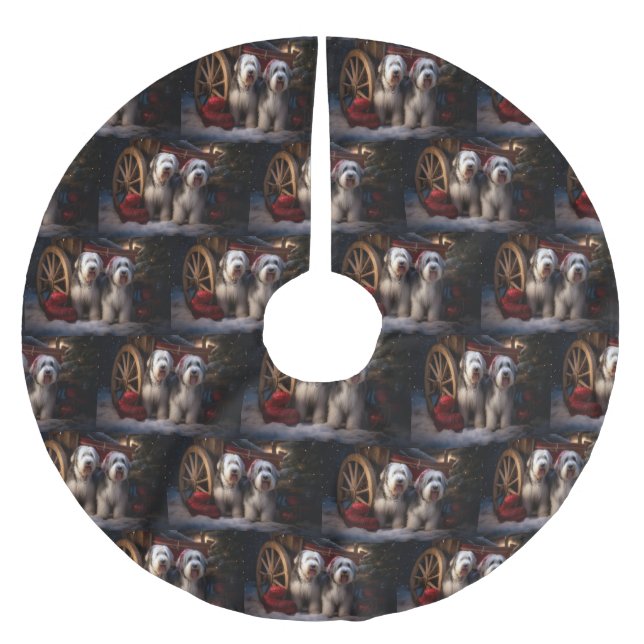 Gamla engelska Sheepdog Snowy Sleigh-juldekretet Julgransmatta Borstad Polyester (Framsidan)