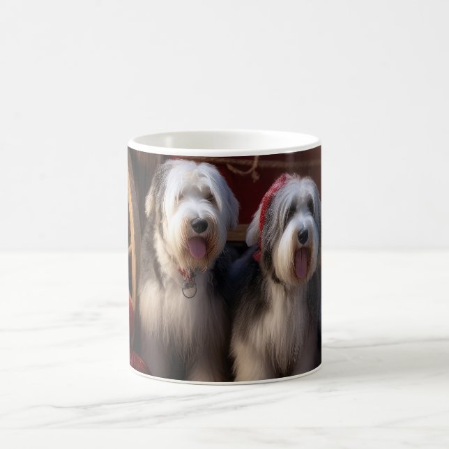 Gamla engelska Sheepdog Snowy Sleigh-juldekretet Kaffemugg (Center)