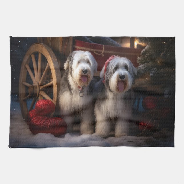 Gamla engelska Sheepdog Snowy Sleigh-juldekretet Kökshandduk (Horisontell)