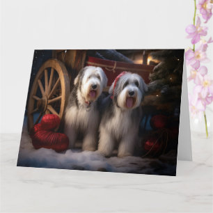 Gamla engelska Sheepdog Snowy Sleigh-juldekretet Kort