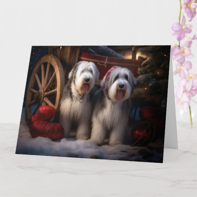 Gamla engelska Sheepdog Snowy Sleigh-juldekretet Kort (Orkide)