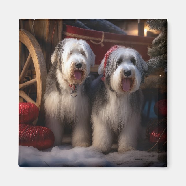 Gamla engelska Sheepdog Snowy Sleigh-juldekretet Magnet (Framsidan)