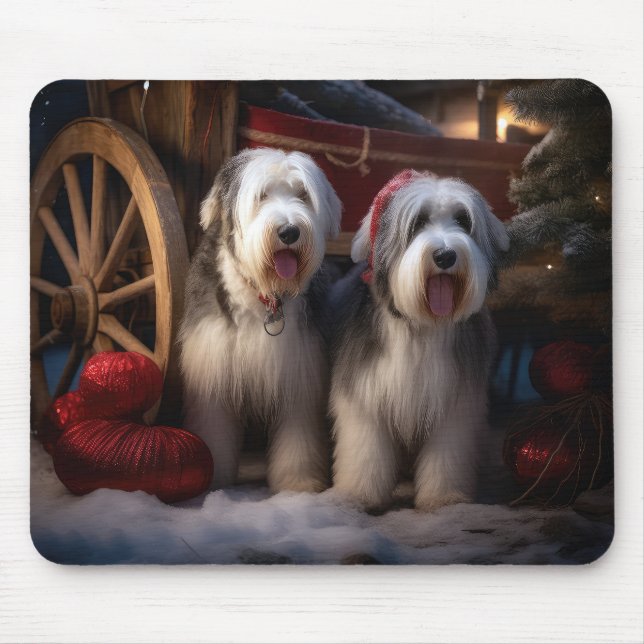 Gamla engelska Sheepdog Snowy Sleigh-juldekretet Musmatta (Framsidan)