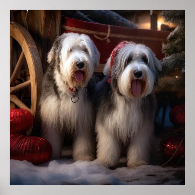 Gamla engelska Sheepdog Snowy Sleigh-juldekretet Poster (Framsidan)