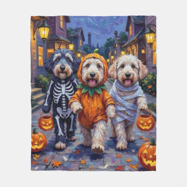 Gamla engelska Sheepdog Trick-or-Treating Hallowee Fleecefilt (Framsidan)