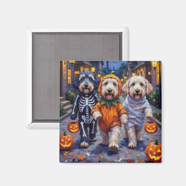 Gamla engelska Sheepdog Trick-or-Treating Hallowee Magnet (Front/Back)