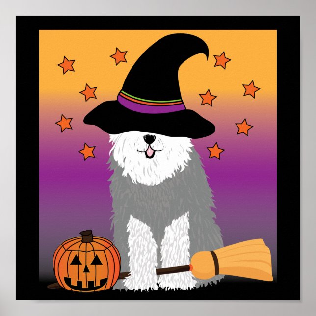 Gamla engelska Sheepdog Witch Poster (Framsidan)