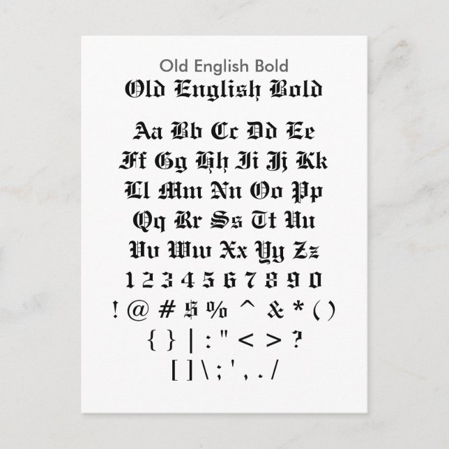 Gamla engelska - Zazzle Font Sampler Lakan Vykort (Framsida)