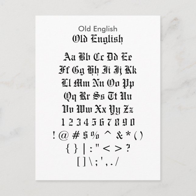 Gamla engelska - Zazzle Font Sampler Lakan Vykort (Framsida)