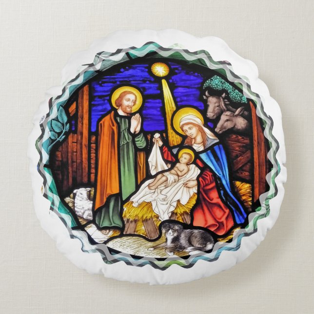 GAMLA ENGLAND NATIVITY WINDOW RUND KUDDE (Framsidan)