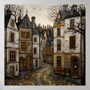 Gamla European Cobblestone Street Rustic Byggnad Poster