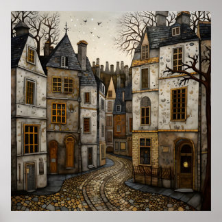 Gamla European Cobblestone Street Rustic Byggnad Poster
