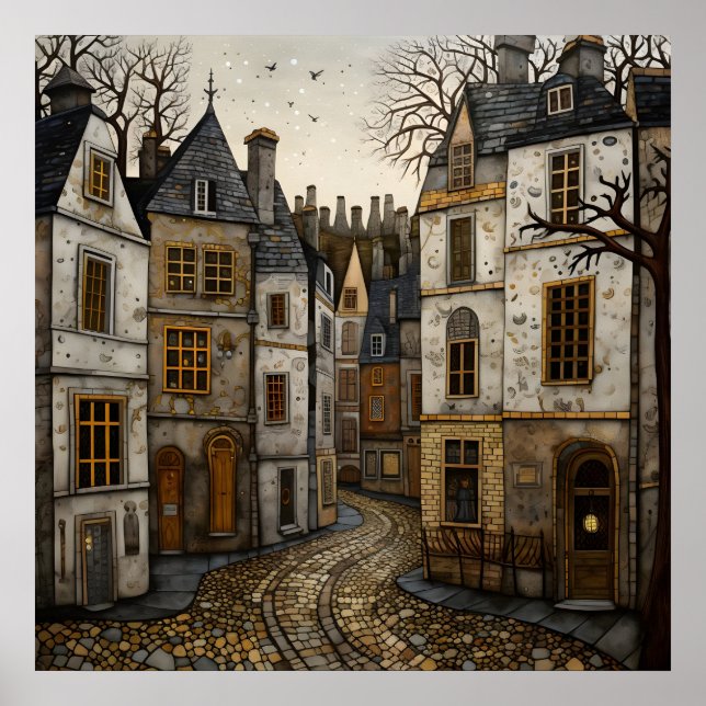 Gamla European Cobblestone Street Rustic Byggnad Poster (Framsidan)