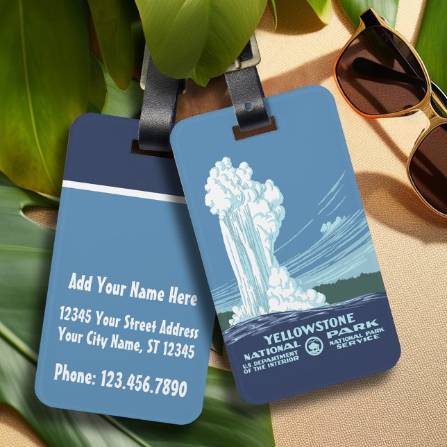 Gamla Faithful and Yellowstone National Park Bagagebricka (Personalized luggage tag - Old Faithful - Yellowstone National Park)