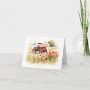 Gamla Farm Tractor i Fält i Flowers BLANK Kort