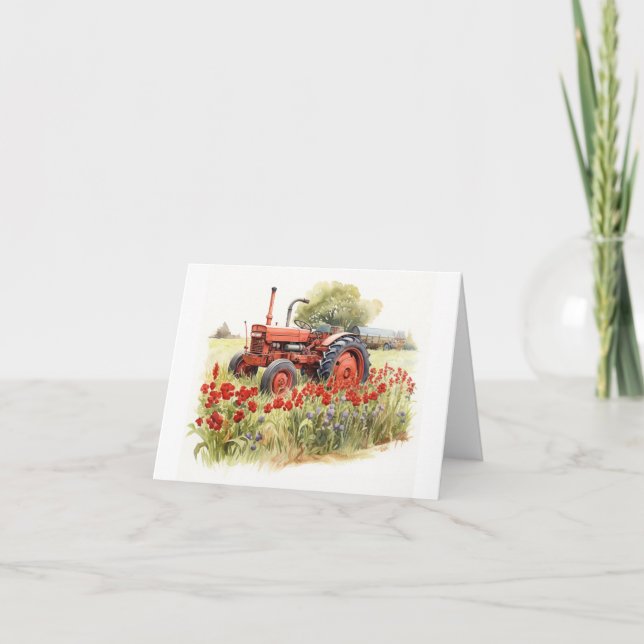 Gamla Farm Tractor med Red Flowers BLANK Kort (Framsida)