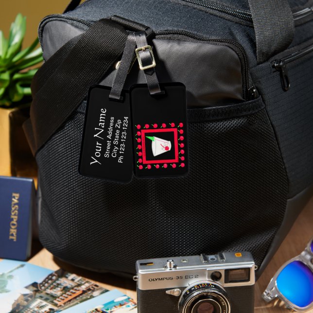 Gamla Fashiated Retro Drink Red Cherries på Black Bagagebricka (Fram & Baksida)