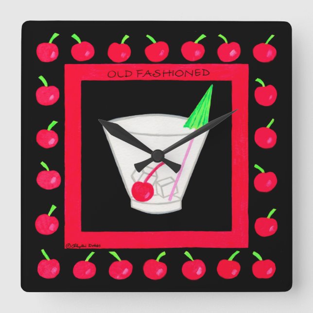 Gamla Fashiated Retro Drink Red Cherries på Black Fyrkantig Klocka (Framsida)