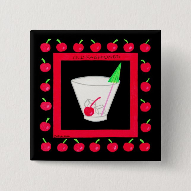 Gamla Fashiated Retro Drink Red Cherries på Black Knapp (Framsida)
