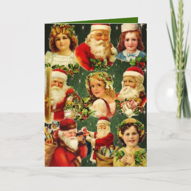 Gamla Fashioned jul Girls & Santa Helgkort (Framsida)