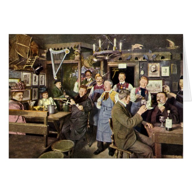 Gamla Fashioned Pub med People Celebring, a Party Hälsningskort (Framsidan Horizontal)