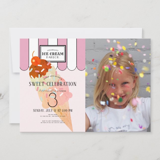 Gamla Fashioned Rosa Ice Cream Parlor Photo Birthd Inbjudningar (Framsida)