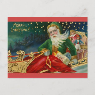 Gamla Fashioned Santa in Grönt and Päls in Sleigh Vykort