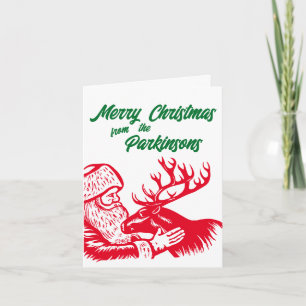 Gamla Fashioned Woodcut Jultomten och Reindeer Hol Kort