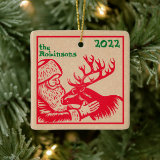 Gamla Fashioned Woodcut Jultomten och Reindeer Julgransprydnad Keramik